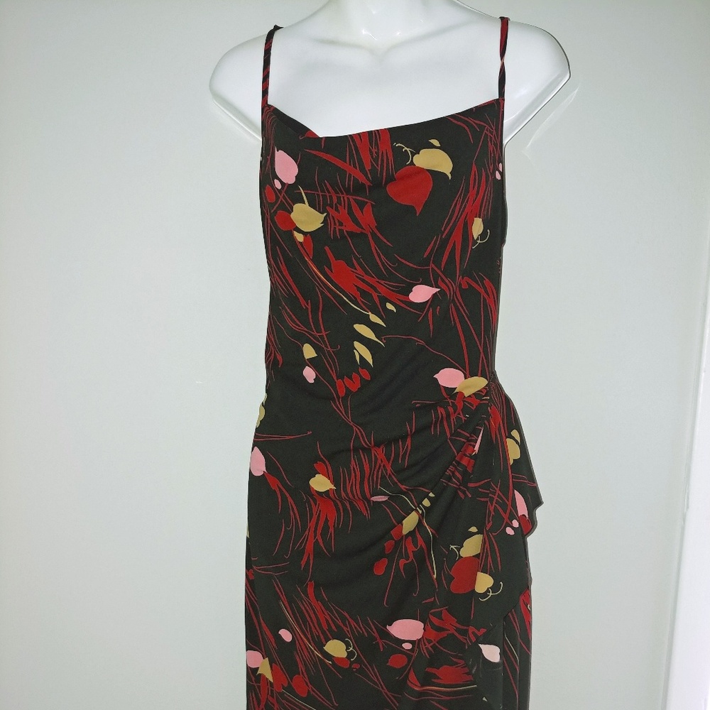 Black Red and Tan Faux Wrap Dress